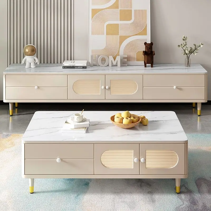

Light Luxury Solid Wood Coffee Table with Rock Slab Tabletop Modern White Tea Table TV Cabinet Set Home Living Room Furniture