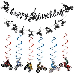 Motorcycle Theme Happy Birthday Banner Hanging Swirls Dirt Bike Party Supplies Motocross Birthday Decorations