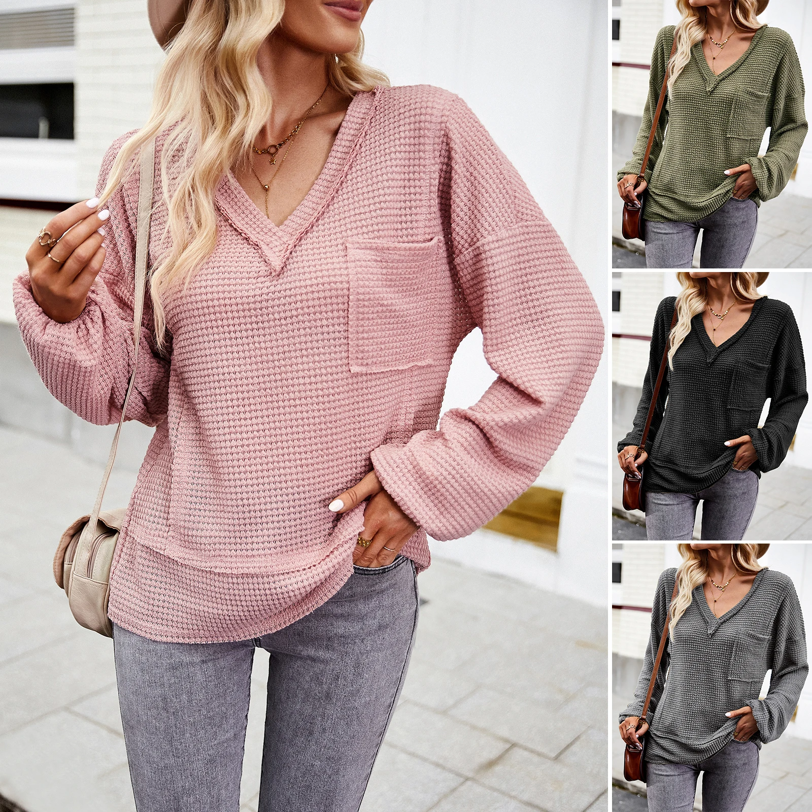 

Knitwear V Neck Long Sleeve Pullover Women Autumn Winter Solid Lantern Sleeve Jumper With Pocket Vintage Casual Basic Jersey Top