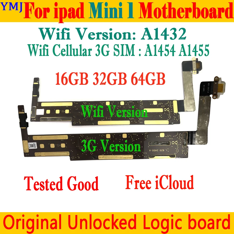 Per Ipad Mini 1 Scheda Madre A1454 O A1455 3G Sim Version Plate Originale Gratuito Icloud A1432 Versione Wifi Mainboard Sistema Ios
