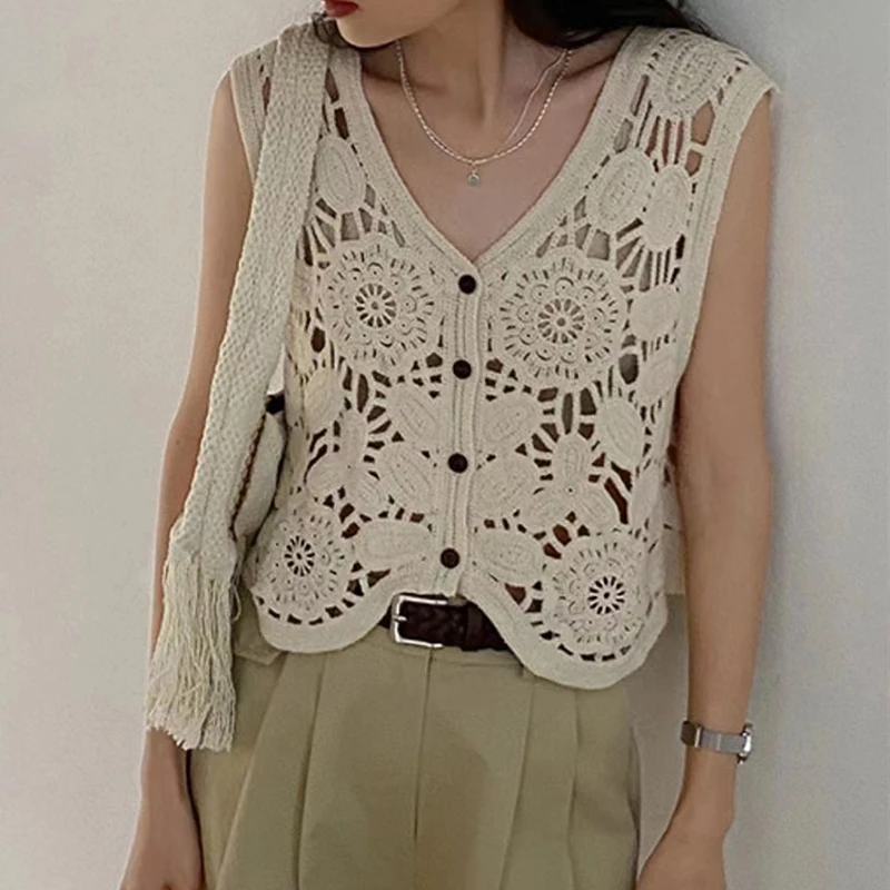 Women's Bohemian Sheer Crochet V-Neck Top | Lightweight Knit Beach Cover-Up Blouse Tunic for Summer main image 0