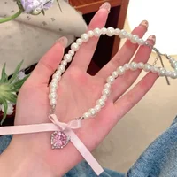 Kpop Goth – collier ras du cou avec nœud en ruban rose, Imitation de perles, Y2K, doux et mignon, pendentif en forme de cœur, chaîne de clavicule, bijoux Lolita pour filles 6