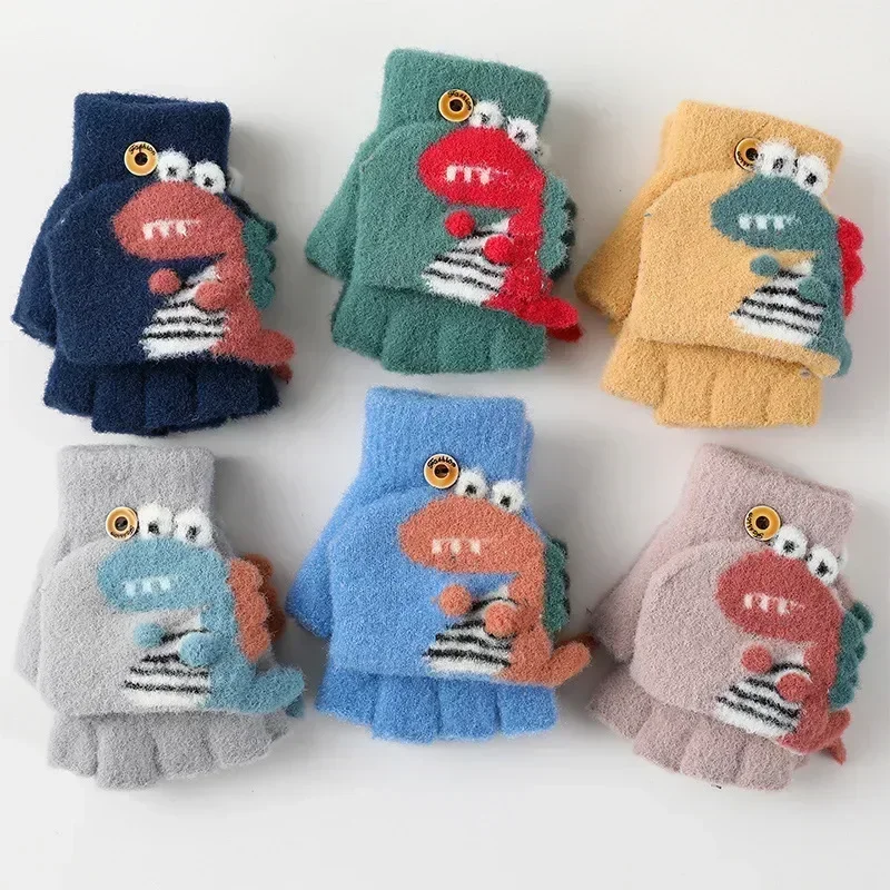 Kawaii Cartoon Dino Kids Gloves Half Finger Flip Gloves for Boys Girls Children Winter Warmth Writing 3-6T winter gloves