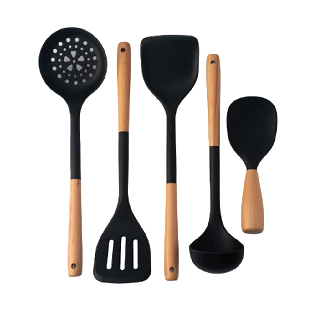 Kitchen Utensils 5Pcs Black Silicone Wooden Handle Cooking Tool Non-stick Silicone Spatula Baking Utensils