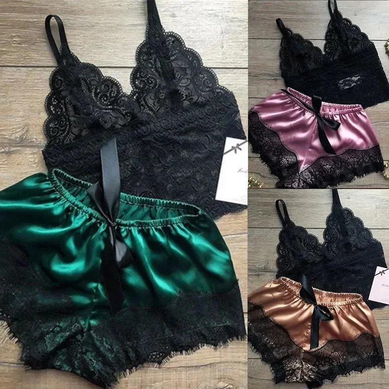 Sleepwear Lingerie Set Lace Sleepwear Set Womens 2 Pcs Sexy Transparent Sleeveless Tops Silk Shorts Pajamas Nightwear S-3XL Female two pieces set