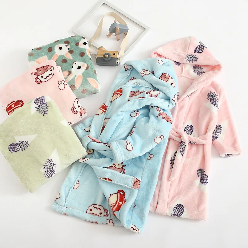 Spring & Autumn Kids Robes Cartoon Animal Print Robes for Kids Flannel Long Sleeve Hooded Bathrobe for Children 2-6 Years