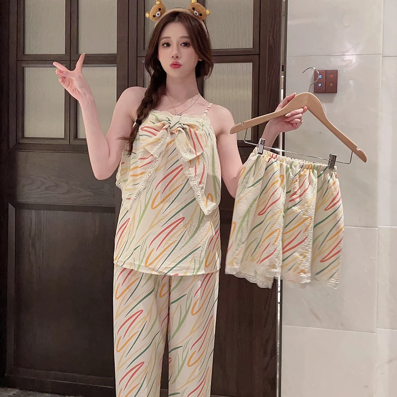 Summer padded suspenders, shorts, pants, three piece pajamas, women's printed foam cotton lace, sexy and sweet new home clothing