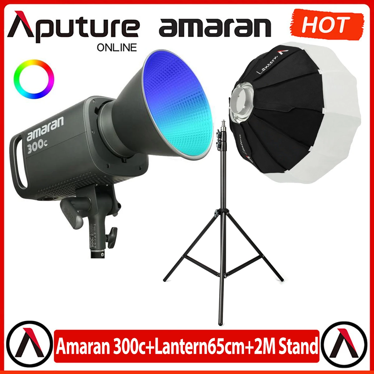

Aputure Amaran 300c RGB COB видеопроектор + фонарь 65 см + 2 м подставка, крепление Bowen 2500K-7500K CCT с гипер отражателем и управлением через приложение