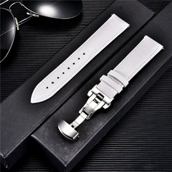 Premium Leather Watch Straps with Stainless Steel Butterfly Buckle - Casual and Stylish Watchbands - 22mm (White)