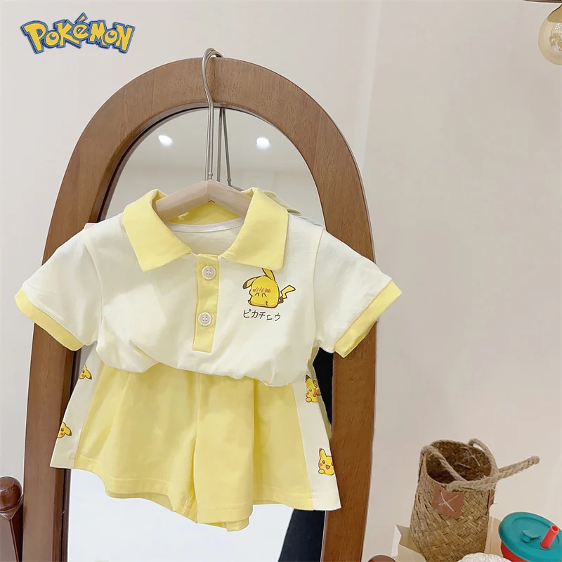 

Summer Children Baby Clothing Set Kawaii Pokemon Pikachu Anime Cotton Short Sleeve Shorts Set Fashion Kids T-shirt 2-10 Years