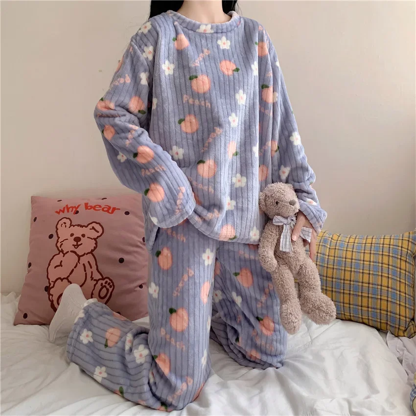 Coral Fleece Bear Print Warm Set Winter Cozy Sleepwear Cute Cartoon Girls Home Outfit Comfortable Loungewear Soft Pajamas
