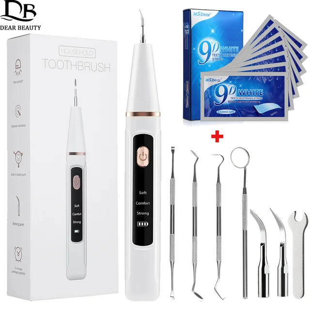 Ultrasonic Dental Calculus Remover And 9D Teeth Whitening Strips Plaque Scaler Tartar Eliminator Electric Tooth Cleaner Set 1