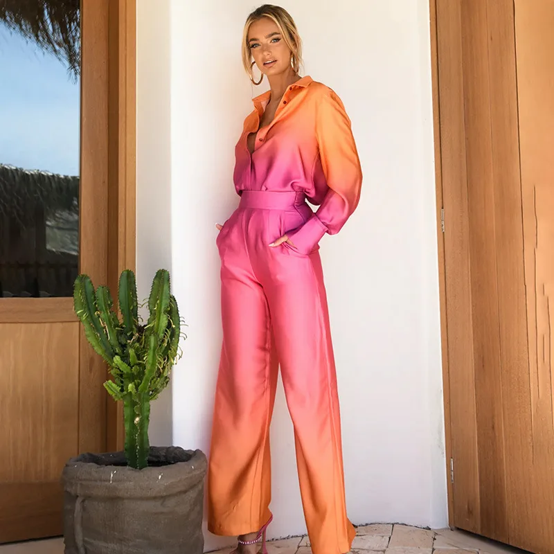 

VANOVICH Loose Slim Gradient Long-sleeved Casual Shirt Fashion Europe and America Style High Waist Wide Leg Pants Two-piece Set