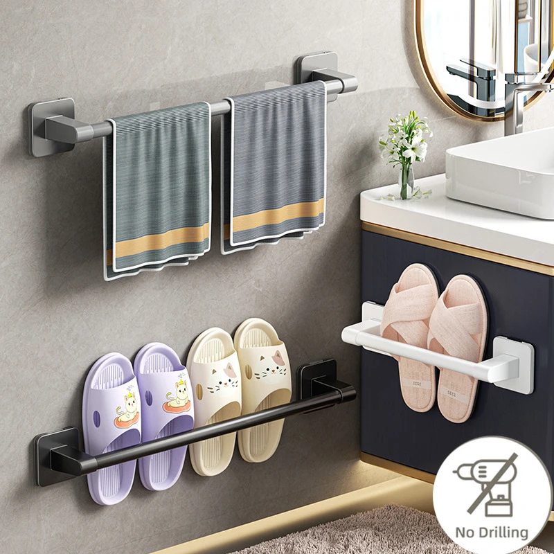 Wall Mounted Towel Holder Slipper Rack Bathroom Storage Without Drilling