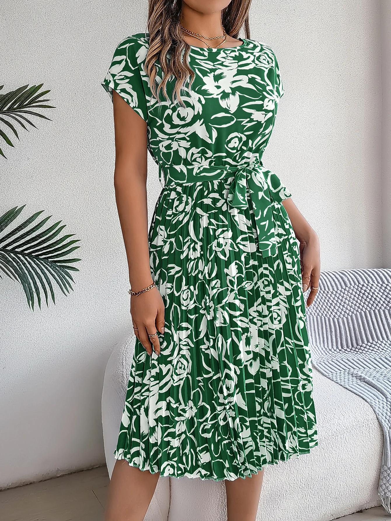 Elegant Flower Print Short Sleeve Dress for Women