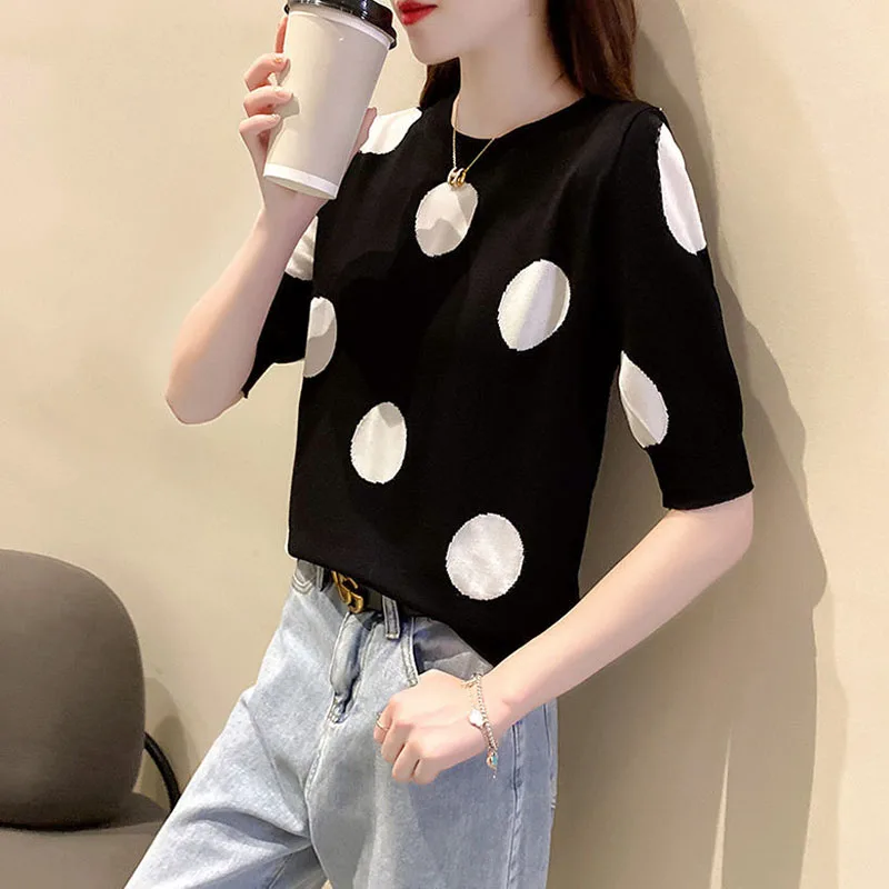 Fashion O-Neck Short Sleeve Printed Polka Dot Blouse Women's Clothing 2023 Summer New Casual Pullovers Loose Korean Shirt