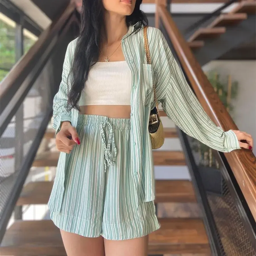 Autumn Fashion Casual Striped Long Sleeve Shirt Drawstring High Waist Shorts Two Piece Set Spring Outfits Women 2024