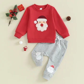 2023-10-23 Lioraitiin Toddler Boys Christmas Outfits Santa/Elk Fuzzy Embroidery Long Sleeve Sweatshirts+Long Pants Clothes Set 3