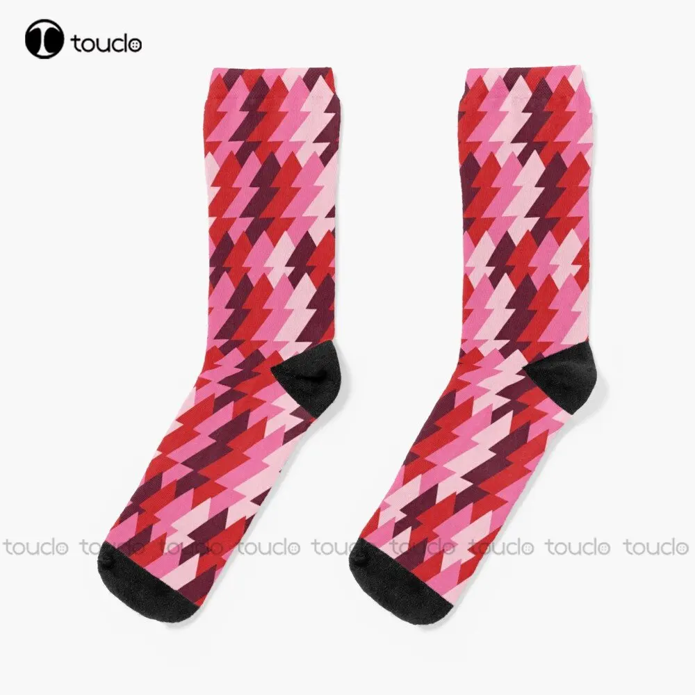 Mod Christmas Trees Forest Groovy Red Pink Brown Maroon Zigzag Holiday Op Art Socks Colorful Socks 360° Digital Print Streetwear