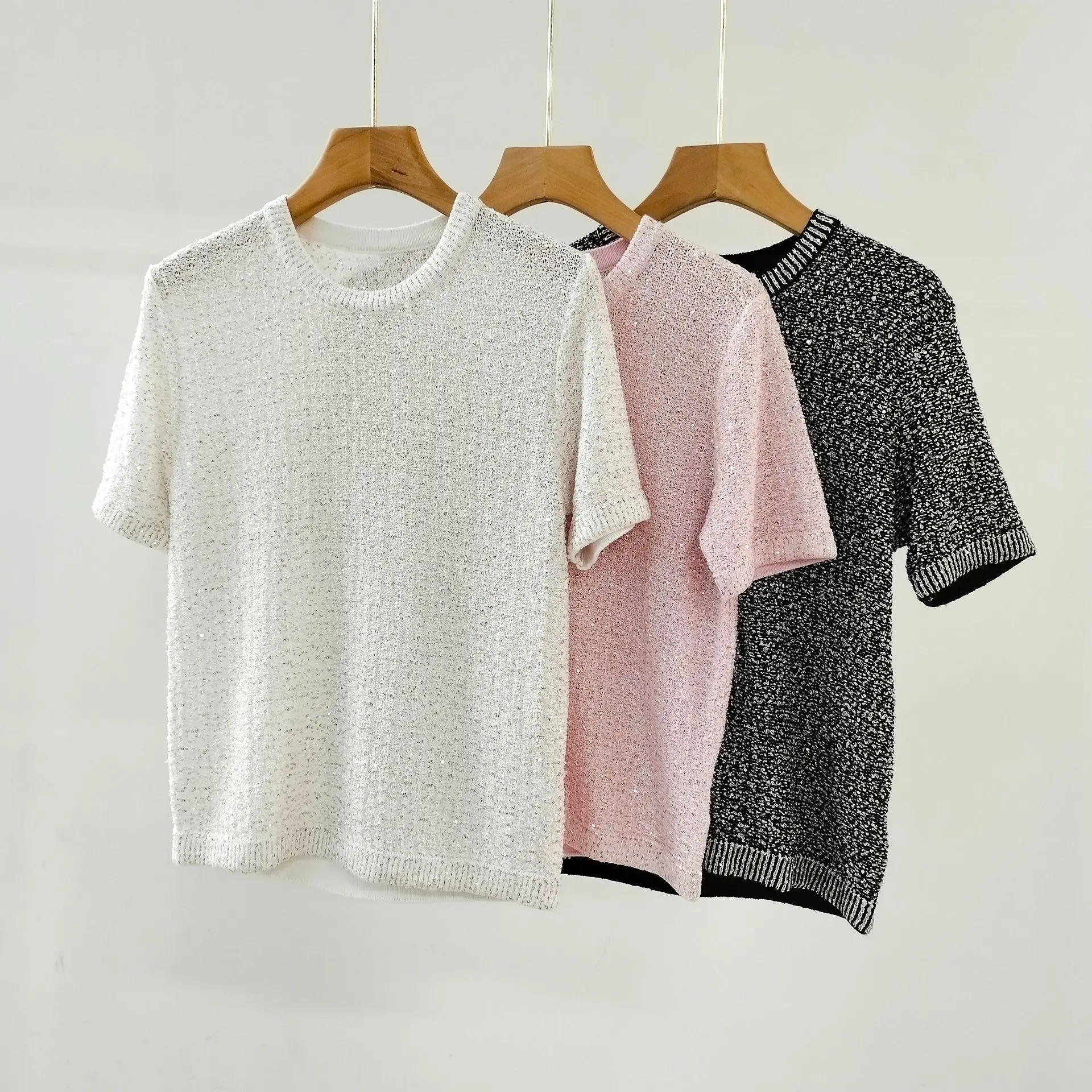 

2024 Spring Summer Fashion Women's High Quality Sequins Knitted T-shirt C235