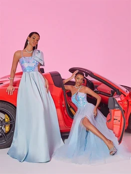 فساتين سهرة أنيقة من الساتان الأزرق برقبة على شكل حرف V طويلة فاخرة للنساء من الساتان بدون أكمام لحفلات الزفاف وحفلات الكوكتيل 6