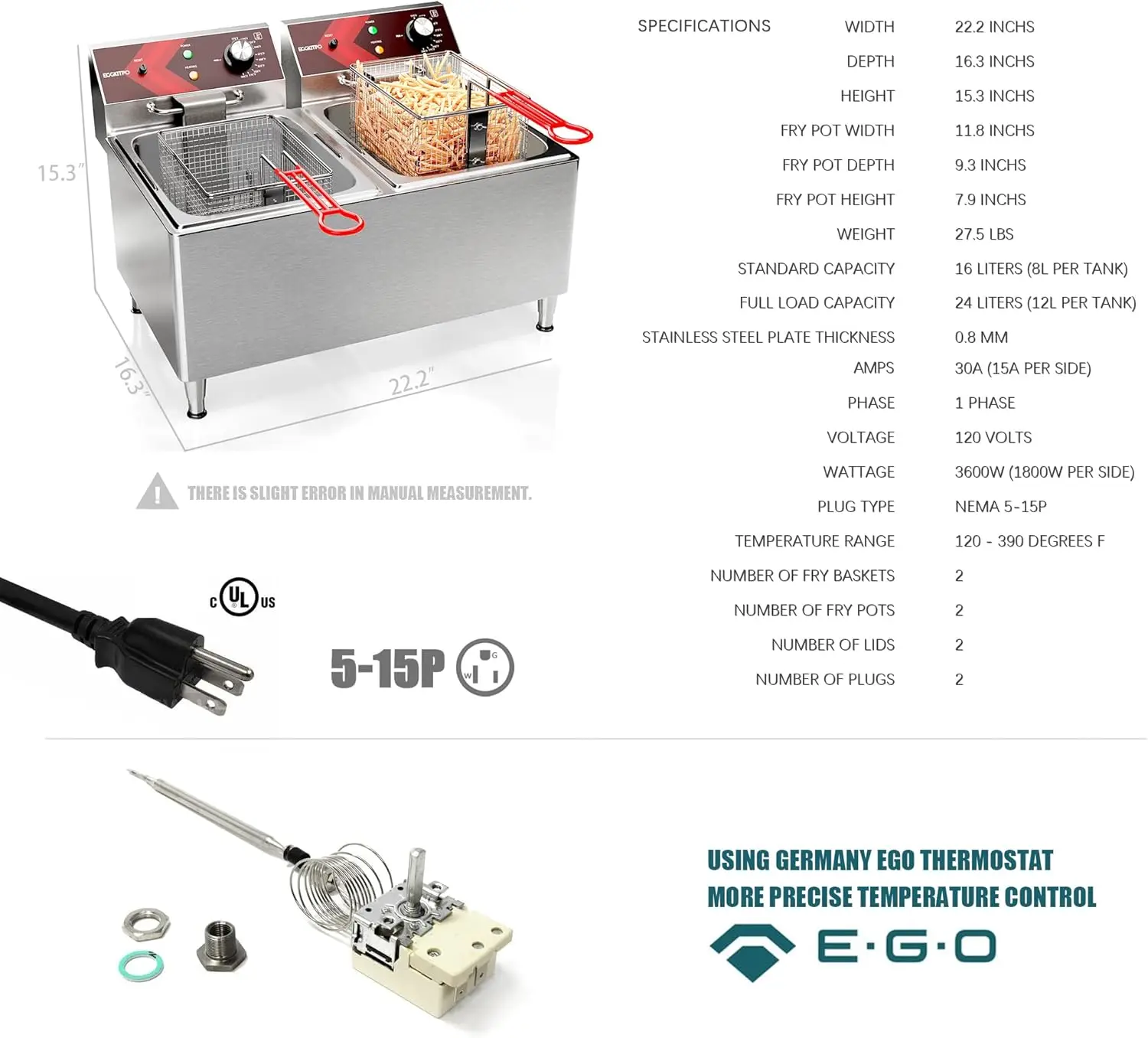 Deep fryers Commercial Deep Fryer 12L x 2 Large Dual Tank Electric Countertop Fryer for Restaurant with 2 Frying Baskets and Lid