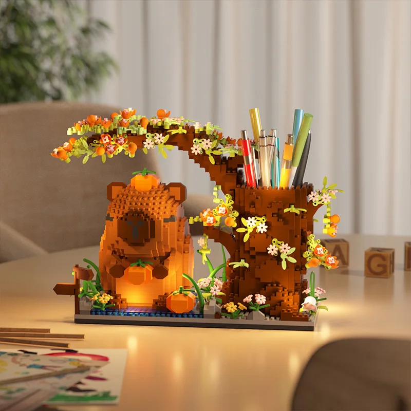 Capybara Building Block Pen Holder Multi-Function Desk Organizer for Office Supplies Cosmetics Birthday Gift Desktop Decoration