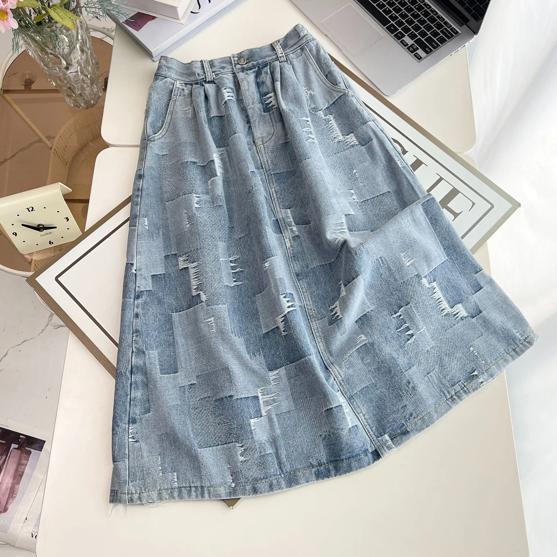 Fashion Plus Size Women's Denim Skirt New Autumn Korean-style Stylish Ripped Mid Length A-Line Skirt 8006