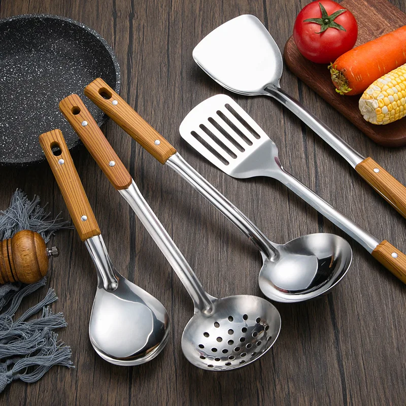 Kitchen Utensils Set Stainless steel anti-scalding handle spatula spoon colander imitation wood grain kitchen utensils set kitchen household cooking