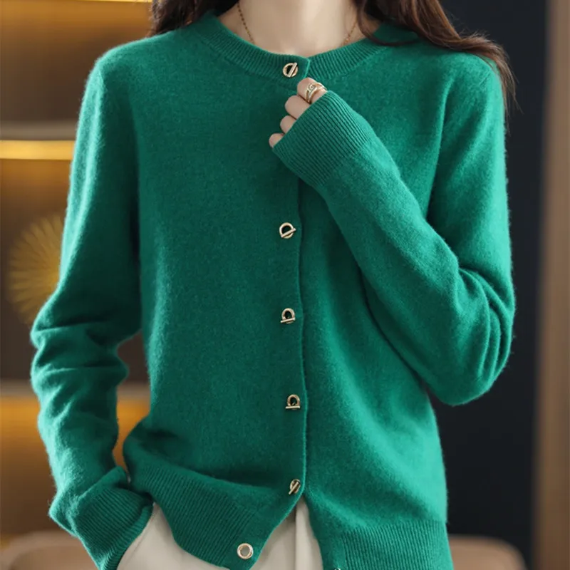 

SZDYQH 100% Pure Wool Jacket Korean Style O-Neck Knitted Sweaters Women Cardigan Fashion Casual Long Sleeve Shirt Tops Green