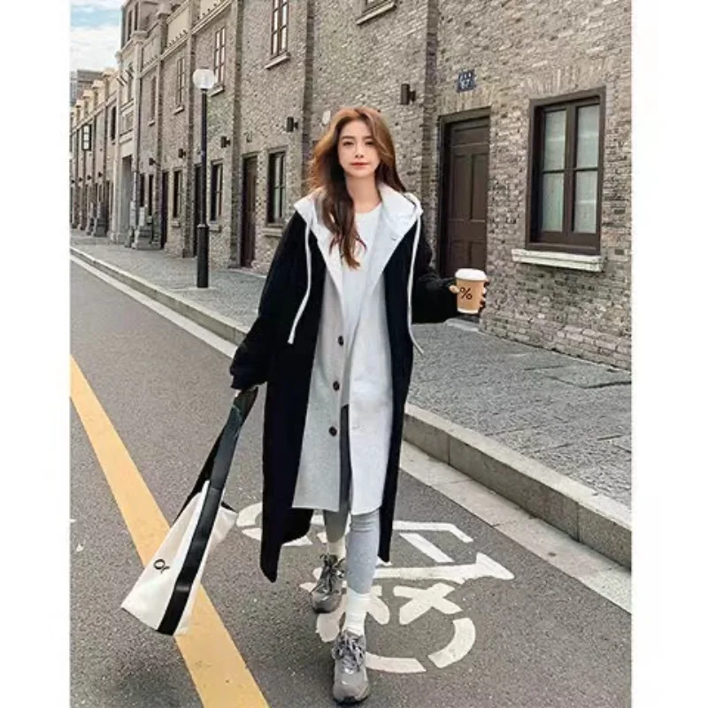 여성용 페이크 투피스 캐시미어 후드 코트, 긴 가디건, 긴팔 모직 코트, 타이드, 한국 버전, Y2k, 신상