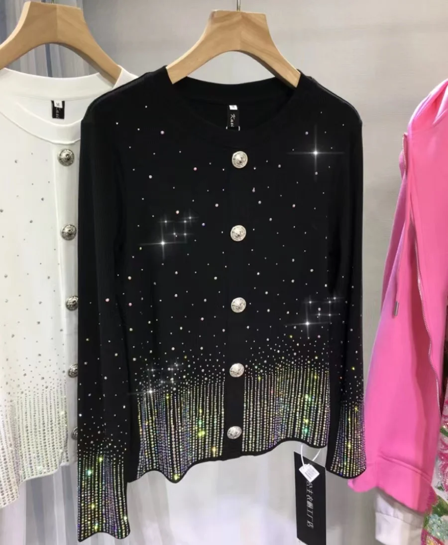 

Hot Drilling Rhinestone Black white T Shirt Tee Women Luxury Breasted Long Sleeve T-shirt Tops Autumn Winter Knitted Cardigan