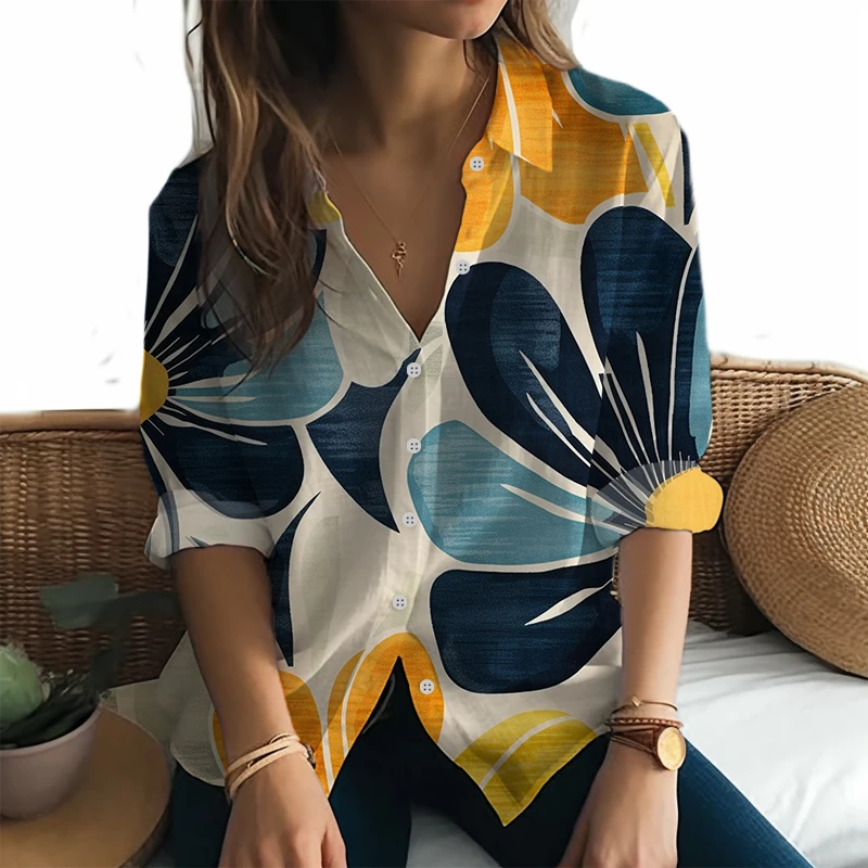 

Street Popular Women's Long-sleeved Shirt Flower 3D Printing Shirt Simple Temperament Spring and Autumn Long-sleeved Shirt
