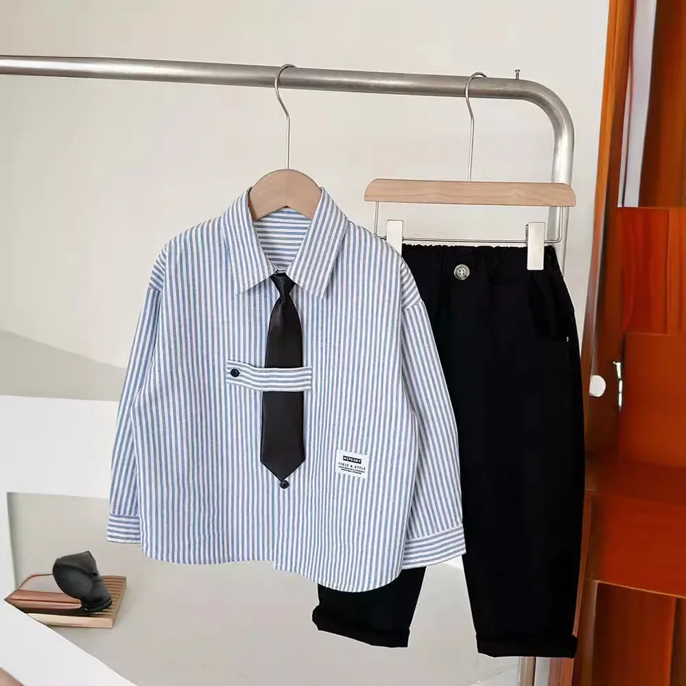 Baby Boy Preppy Striped Cotton Shirt Inner Wear Tie Jacket Children's Outfit West Style Coat Male Toddler College Fashion
