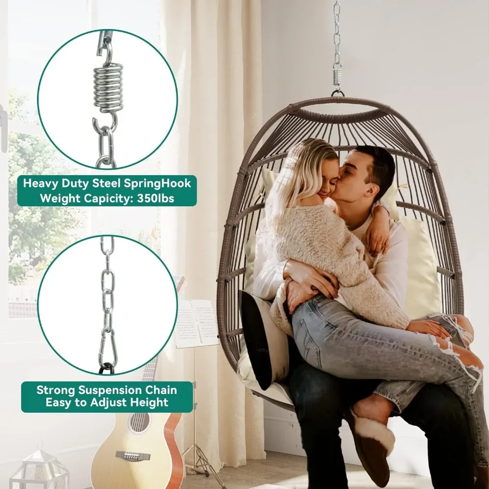 Hanging Egg Swing Chair, Outdoor Wicker Hammock Chairs Without Stand UV Resistant Cushion 350lbs for Patio, Patio Swing 3