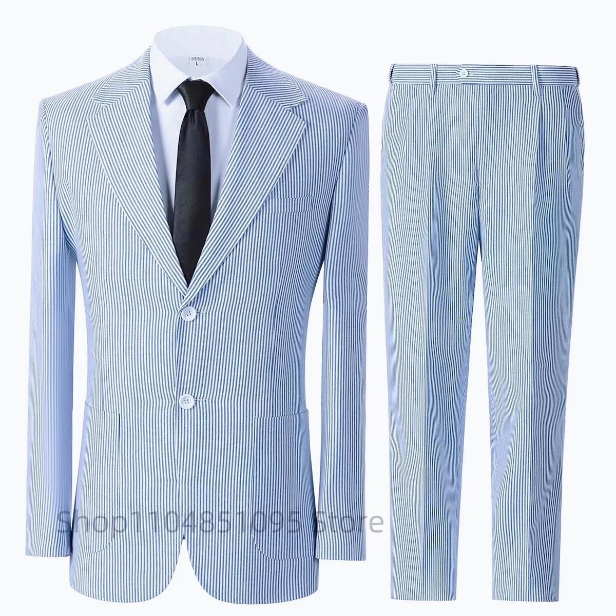 Casual Men's Seersucker Suit Streetwear Elegant Fashion Popular Men Clothes Blue Striped Well Fitting Two Buttons Blazer Pant