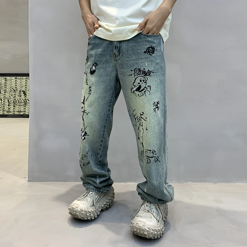 High street handsome men's jeans personalized graffiti printing casual pants spring and summer models trend loose straight pants 2