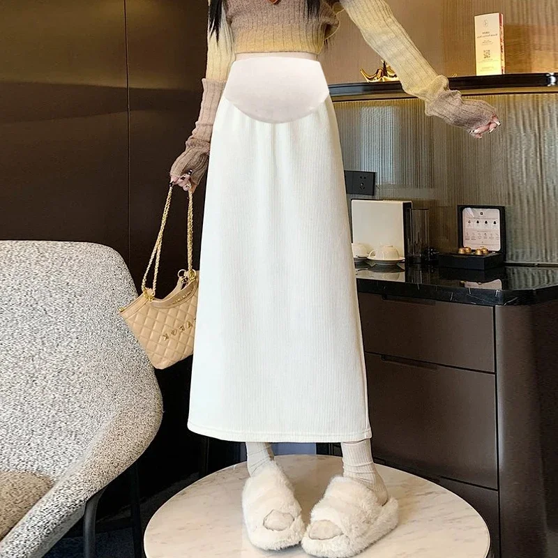 Korean Style Maternity Spring Corduroy Skirt High Waist Back Split Adjustable Pregnant Woman Straight Skirts Woolen A-line Skirt