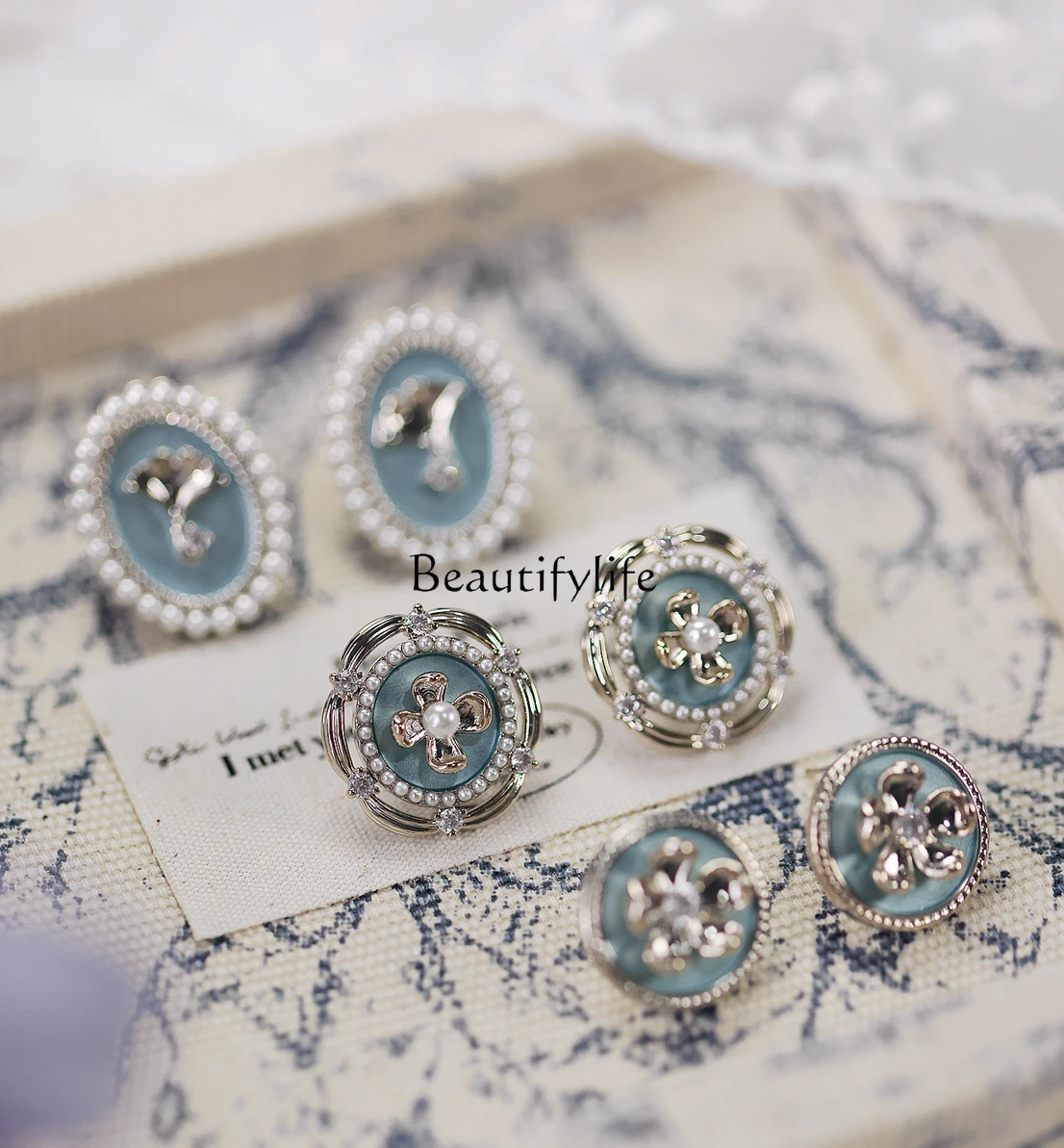 

Haze Blue Vintage Flower French Ear Clip Earrings