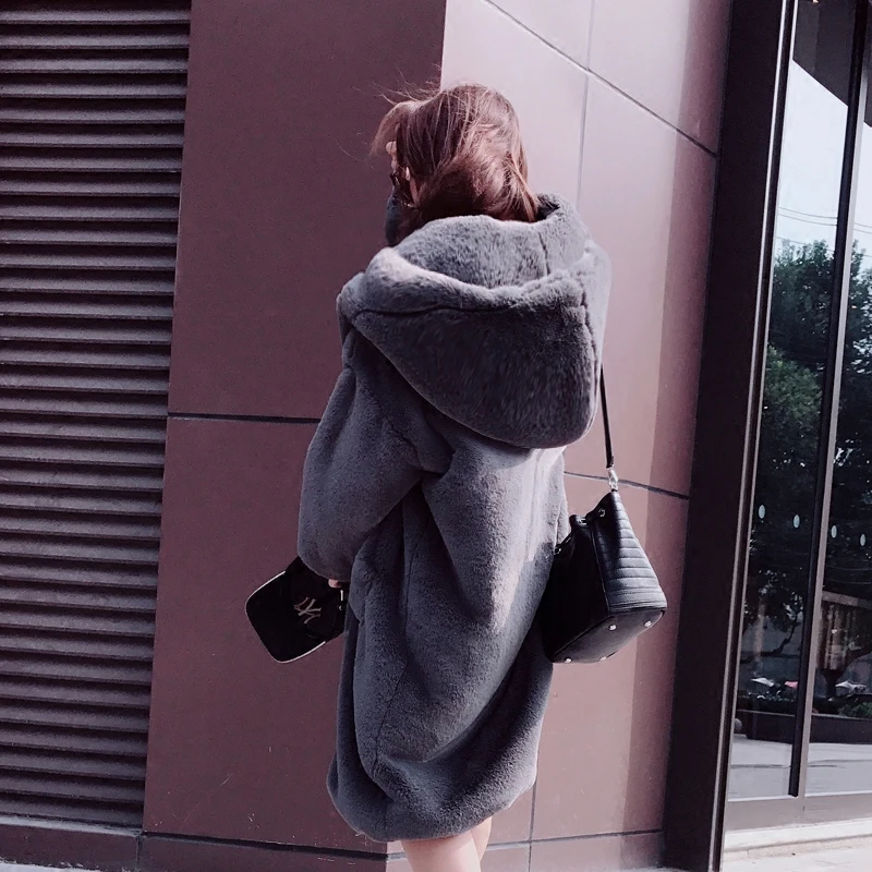 Plush Coat Winter Warm Imitation Fur Extra Long Rex Rabbit Furry Coat Women's Clothing