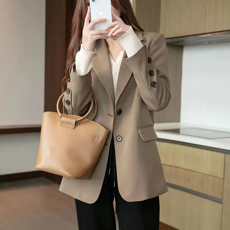 

Black Blazer Women Korean Chic Suit Office Lady Khaki Blazer Slim Button Women Clothing Long Sleeve Coats New