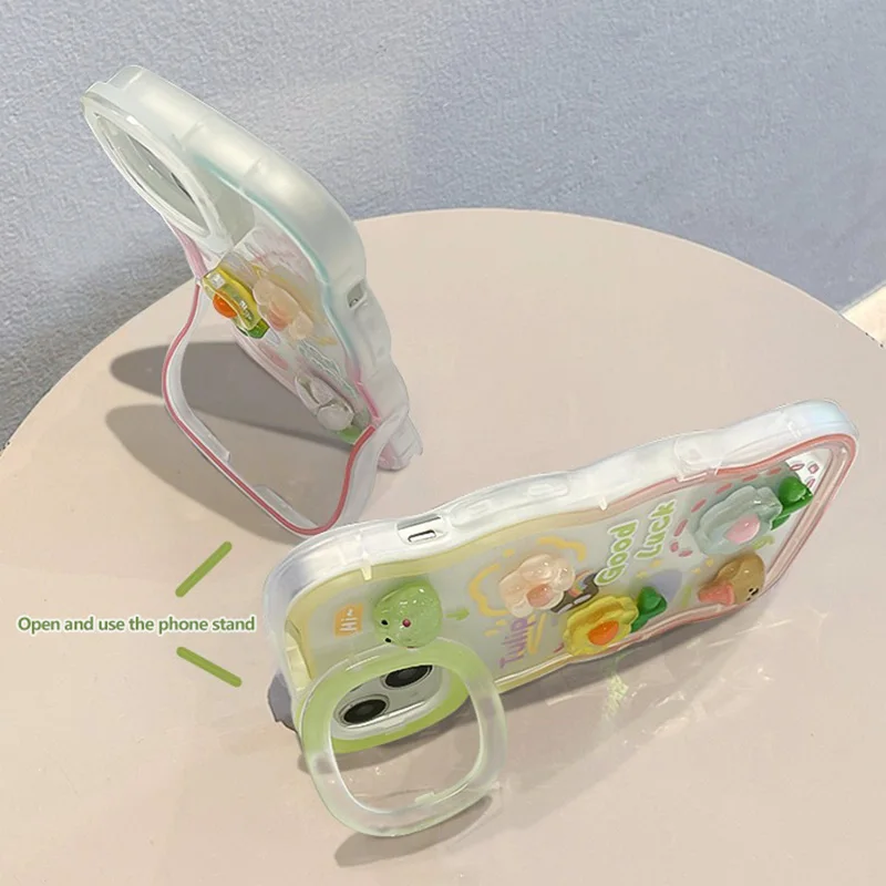 Flower Bracelet Chain Phone Holder Case For iPhone 16 17 15 14 13 12 11 Pro Max XS Max XR 3D Frog Rabbit Bracket Stand Cover 5