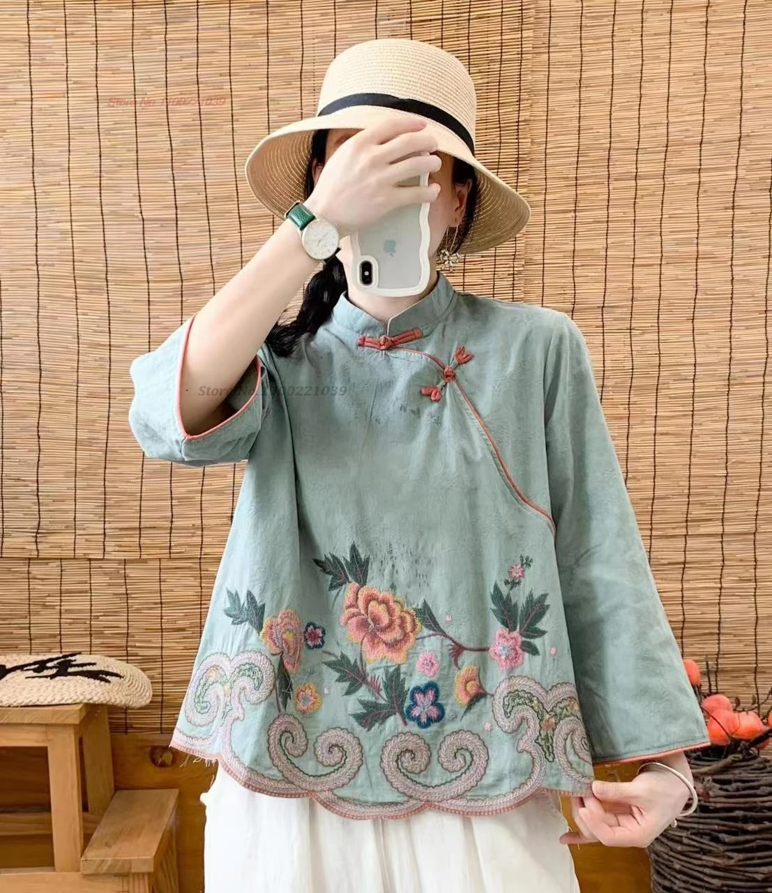 

2024 chinese vintage blouse hanfu tops national flower embroidery cotton linen blouse oriental improved stand collar qipao shirt