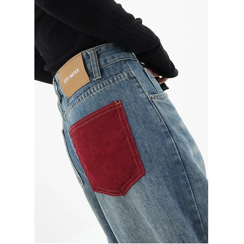 90s Boyfriend Jeans   miteigi Women’s High rise Waist Paneled Pockets Wide Leg Denim Pants Casual Vintage Streetwear Full Length Straight trousers for woman in blue with red highlight Plus size Spring summer fall autumn women’s fashion season