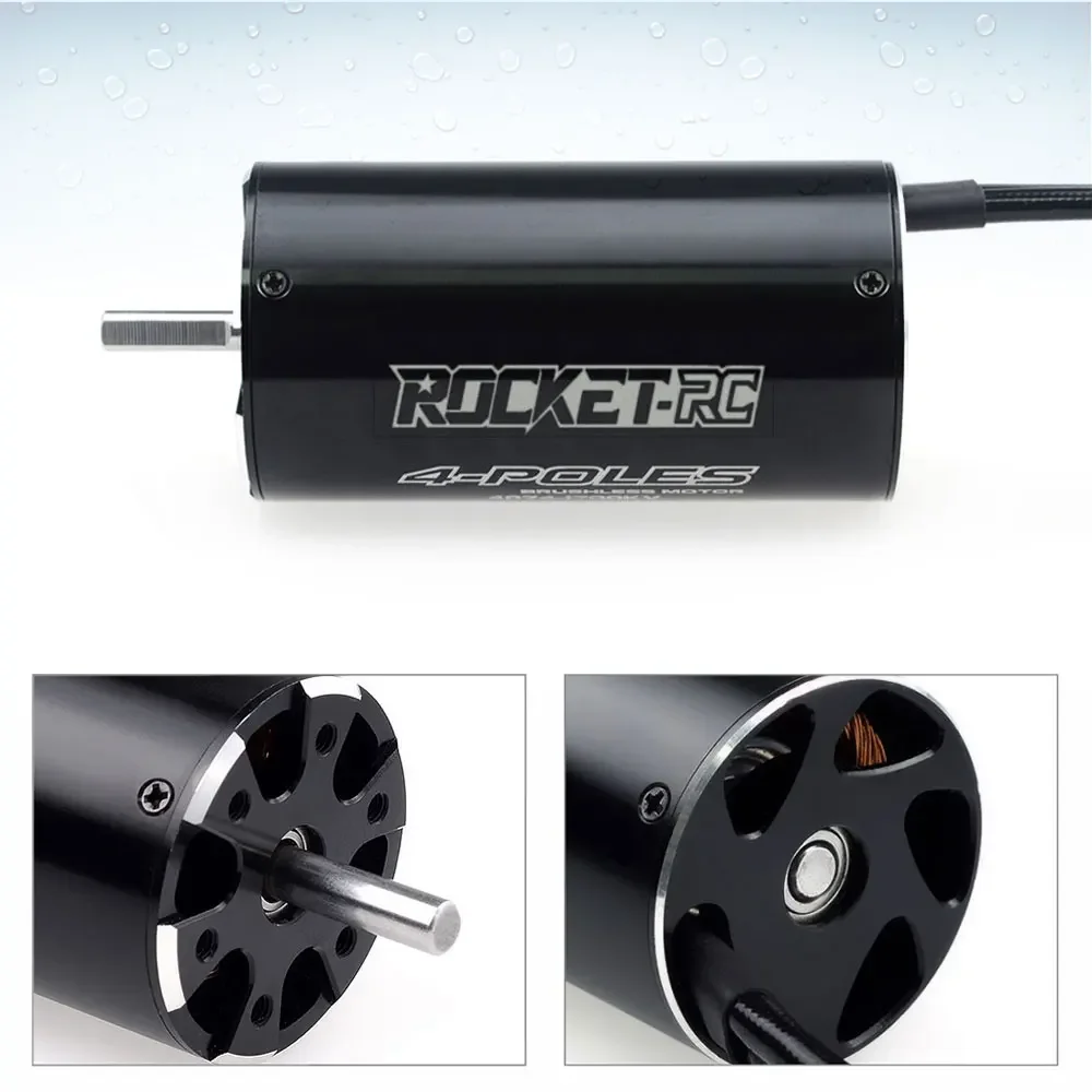 Moteur brushless 3680 4300KV, rotor interne et aimants visibles en gros plan.