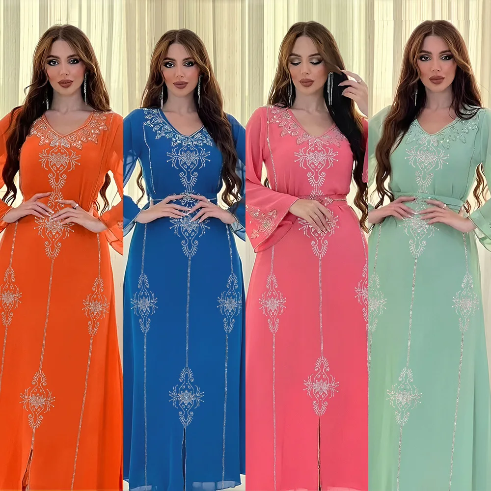 

Fashion Sparkling Diamond Dress O-Neck Long Sleeve Chiffon Robe Middle Eastern Women'S Dress
