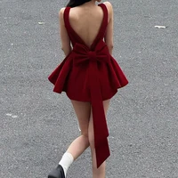 BKLD Fashion Red Bowknot Mini Dress Straps Square Collar Sleeveless Backless Vintage Cute Ladies Slim Party Short A-line Dresses - Image 4
