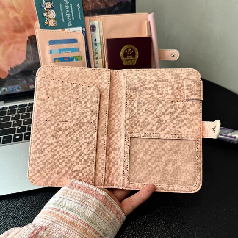 Korean Style Cute Butterfly Cat Passport Holder Multi-Functional PU Leather Travel Wallet for Cards, Tickets, ID Documents