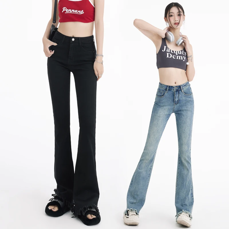 Raw Edge Micro Flare Jeans For Women High Waist Elastic Slim Flared Denim Pants Casual Retro Fit Skinny Trousers Elegant Fashion