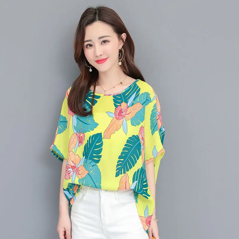 

Women Blouse Fashion Brand Summer New Arrival Loose Oversized Printed Floral Short Sleeve Chiffon Top Ladies Chiffon Blouses